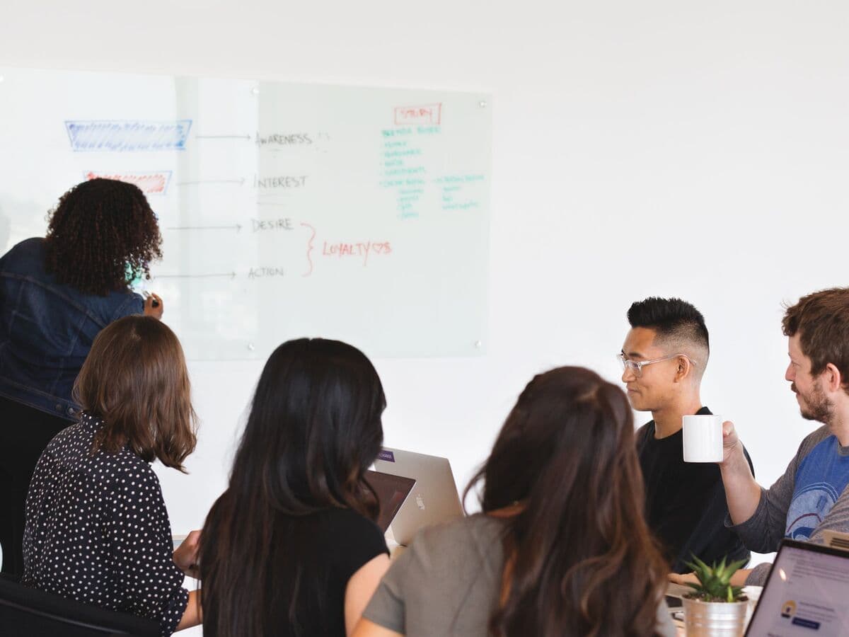 Team gathered around a whiteboard in an office meeting